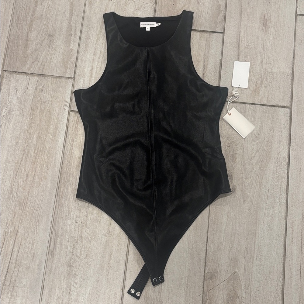 Good American Black Faux Leather Bodysuit